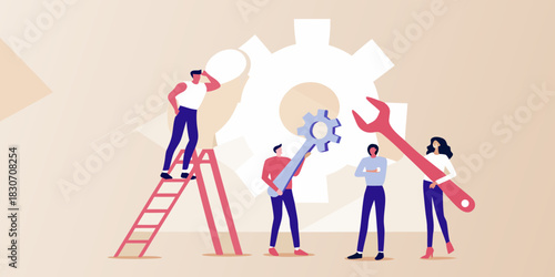 Teamwork and collaboration fixing gear solving problems together business concept