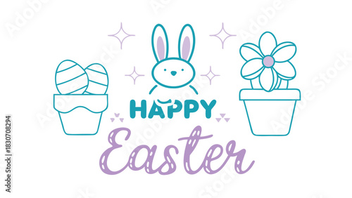 Charming easter bunny sitting peacefully beside a vibrant blooming flower pot in a spring garden setting