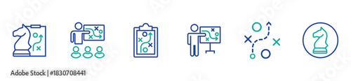 Strategy Line Icon Set – Goal, Plan, Vision, Roadmap, Teamwork, and Business Elements