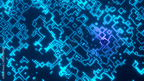 Neon digital circuit grid background 3D render