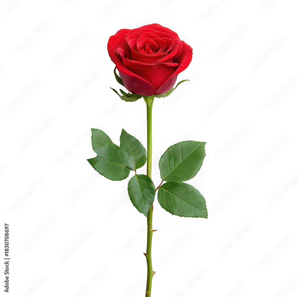 Naklejka premium A single vibrant red rose with green leaves and stem symbolizing love and romance isolated on transparent background