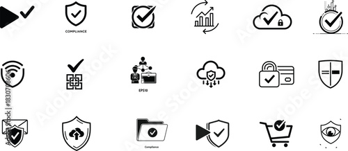 Collection of black and white icons representing security compliance and data protection
