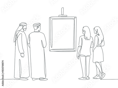 Continuous line drawing of people looking at a blank frame on the wall art