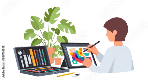 Digital Artist Creating Abstract Artwork on Tablet with Drawing Tools and Greenery