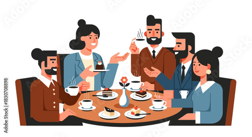 Stylized illustration of diverse colleagues enjoying coffee and cake at a meeting