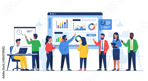 Diverse Team Presenting Business Analytics Data on Interactive Dashboard Displayed Professionally