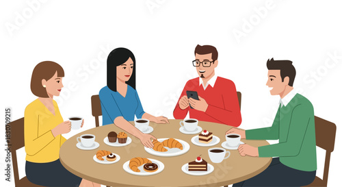 Group of friends enjoying coffee and pastries at a cafe table, a gathering with pleasant