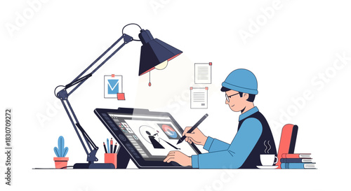 Digital artist creating design on tablet under lamp illustration work from home professional