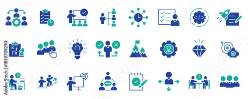 Strategic Business Goals and Ambition Thin Line Icon Set Showing Direction, Target, Flag, Compass, and Performance Progress
