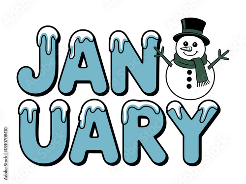 January text with snow accents and a snowman wearing a hat and scarf icon