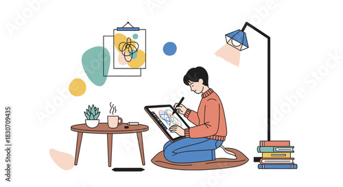 A digital artist creating artwork on a tablet in a cozy studio environment with coffee