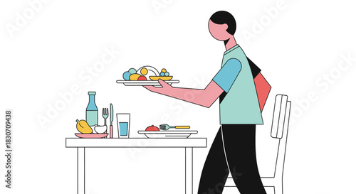 Modern graphic illustration showcasing a person serving food at a minimal table setup