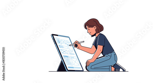 Woman designing mobile application layout on digital tablet, minimalist vector style illustration