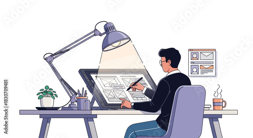 Illustrative depiction of a digital artist immersed in crafting a user interface design