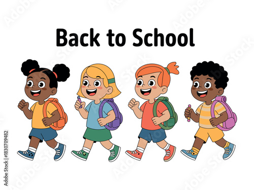 Cartoon illustration of four diverse children walking to school with backpacks