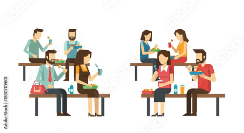 Vector illustration showcasing diverse colleagues enjoying lunch break at picnic tables outdoors