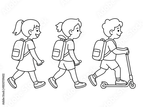 Three children walking and riding a scooter with backpacks in line art