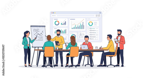 Collaborative business meeting with data analysis presentation in a professional setting