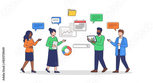 Diverse team collaborating using digital tools for data analysis and communication effectively