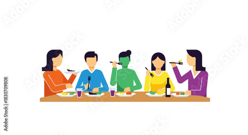 Stylized depiction of diverse individuals sharing a meal together in a modern setting
