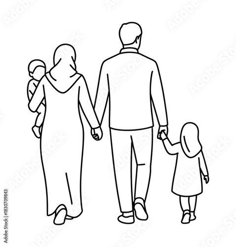 A line drawing of a muslim family walking away holding hands together happily