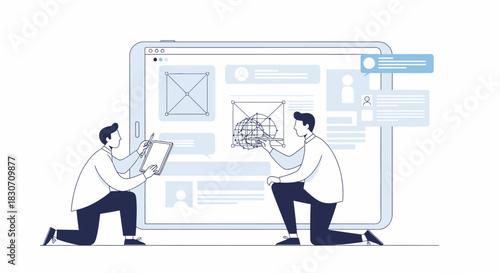 Team collaboration to develop website wireframe on interactive digital device interface