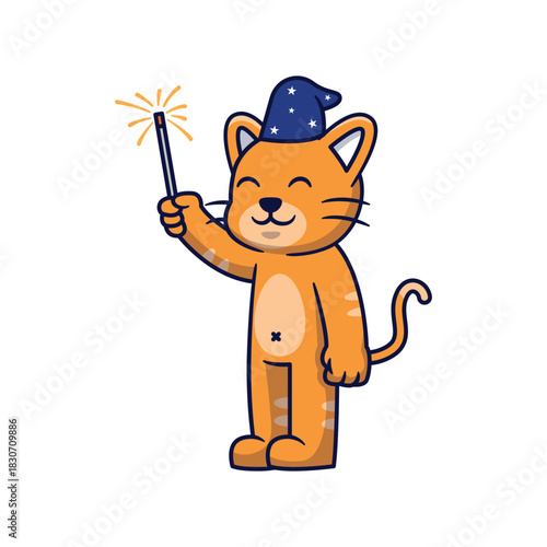 Cute Cat Celebrates New Year With Fireworks Cartoon Illustration