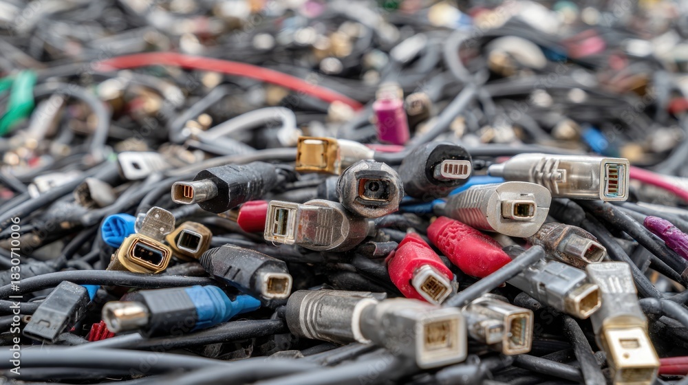 Fototapeta premium Close up of a tangled pile of electronic cables and connectors