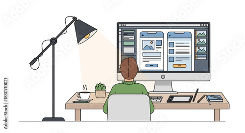 Illustrative depiction of a designer immersed in creating a user interface for mobile applications