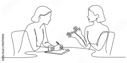 Continuous line vector of two women engaged in a conversation, one writing notes while the other explains, representing consultation, professional discussion, interview, collaboration, teamwork