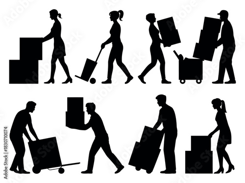 Silhouettes of people moving boxes and using carts on a white background