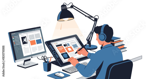 Creative professional working on graphic design project at well lit workstation