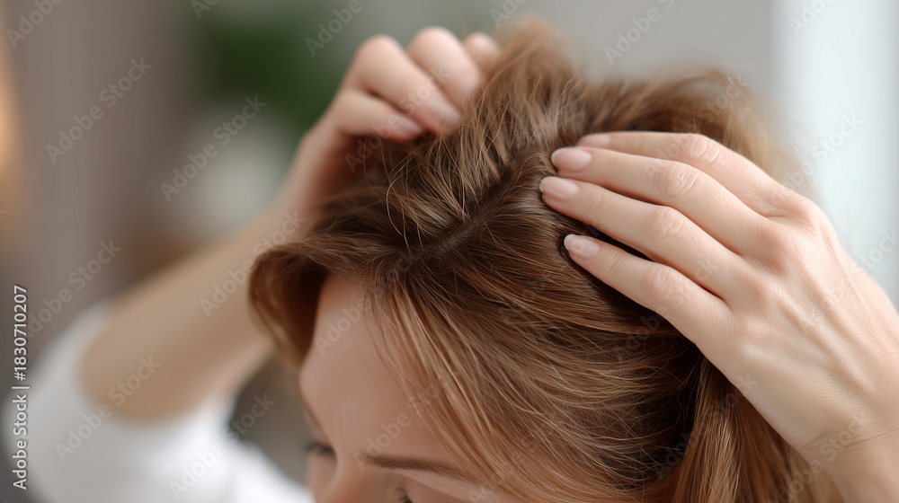 Obraz premium Woman examining dry hair and scalp, massaging roots with fingers. Hair care concept showing scalp treatment, trichology assessment, damaged hair inspection and self-examination routine at home.