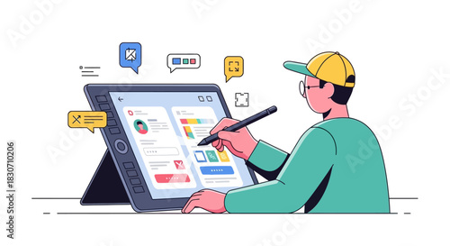 Digital creative process: Man working on a tablet with digital design and messaging icons