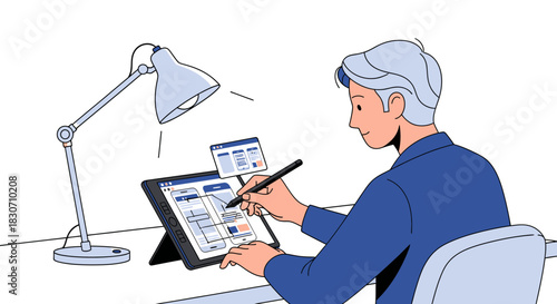 Creative process of a designer sketching on a tablet for a user interface project with a stylus