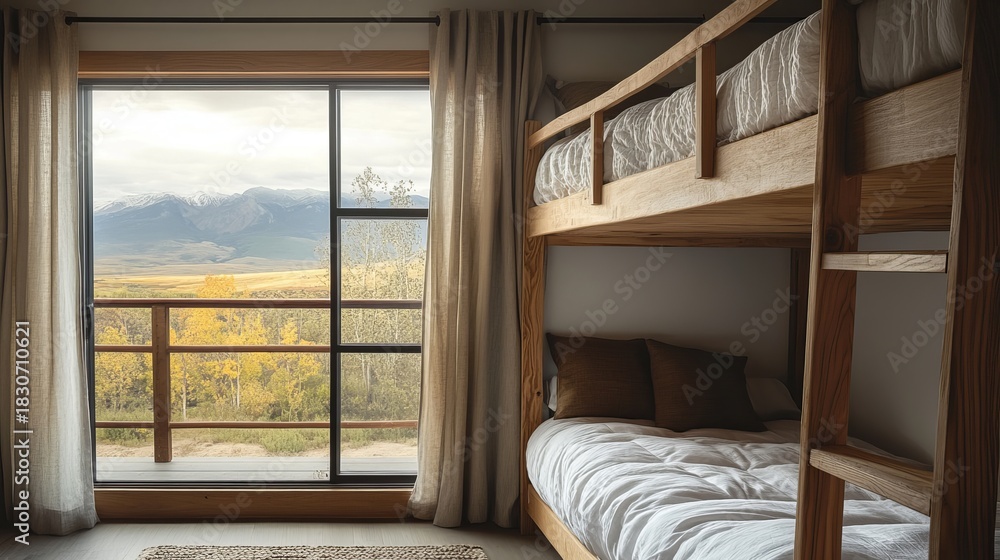 Fototapeta premium Cozy Bunk Beds with Mountain View in Rustic Bedroom