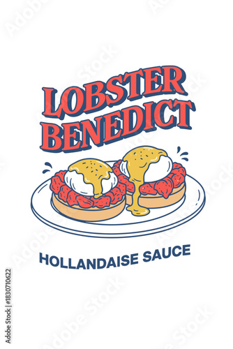 Brunch lobster benedict poached eggs creamy sauce retro vector illustration 