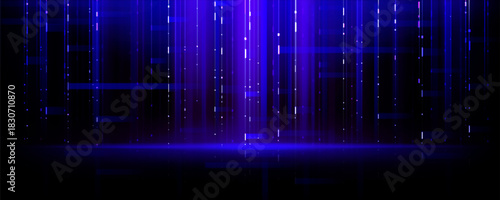 Abstract digital tech background with glowing blue vertical lines and scattered light particles on dark surface. Data pattern with futuristic ai interface atmosphere for modern technology design.