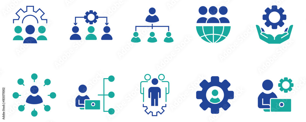 Fototapeta premium Human Resource Organization Management Icon Set with Gear and Teamwork Structure