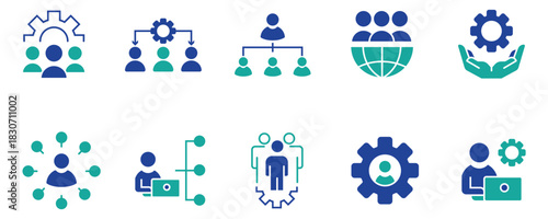 Human Resource Organization Management Icon Set with Gear and Teamwork Structure