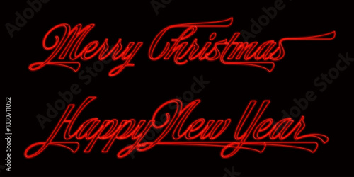 Neon red glowing HAPPY NEW YEAR and MERRY CHRISTMAS text. Vector  illustration. 