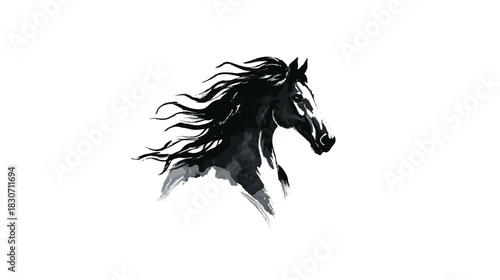 Majestic Black Horse Head Illustration with Flowing Mane on White Backdrop