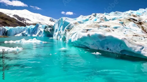 Glacier Melting into Turquoise Lake Under Blue Sky in Sunny Weather