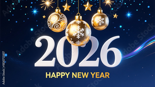 Happy New Year 2026 Celebration with Golden Ornaments and Stars