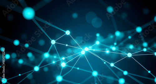 Glowing Blue Network Nodes and Connected Lines on Futuristic Digital Background.
