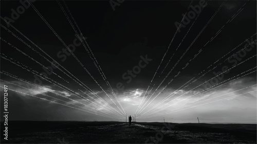 Monochromatic Landscape with Distant Figure and Celestial Light Rays Dramatic Scene