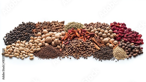 Assorted Whole Spices and Nuts in a Colorful Display