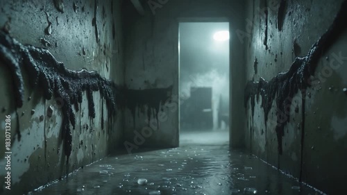 Mysterious interior hallway with dark sludgy textures on walls water pooling on the floor eerie lighting overhead and hints of smoke creating a surreal atmosphere throughout the scene