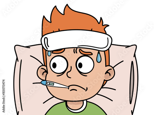 A sick boy in bed with a compress on his head and a thermometer in his mouth