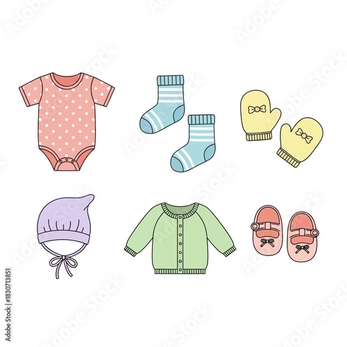 Adorable pastel-colored baby clothing arrangement offers charm and sweetness for newborns